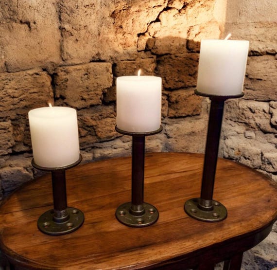 Industrial Iron Pipe Candle Holders DIY Kit - Set of 3 Rustic Easy Assemble Decorative Candle Holder Set