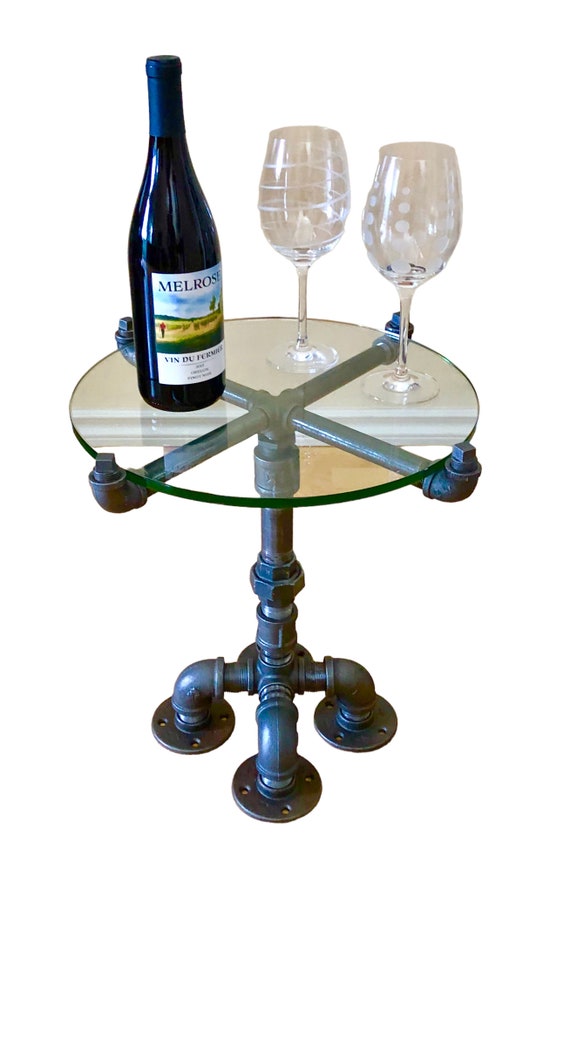 Industrial Pipe End Table with Tempered Glass Top