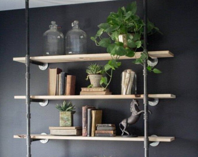 Black Pipe Shelving Unit Wall/ceiling Mounted Bookshelf Etsy