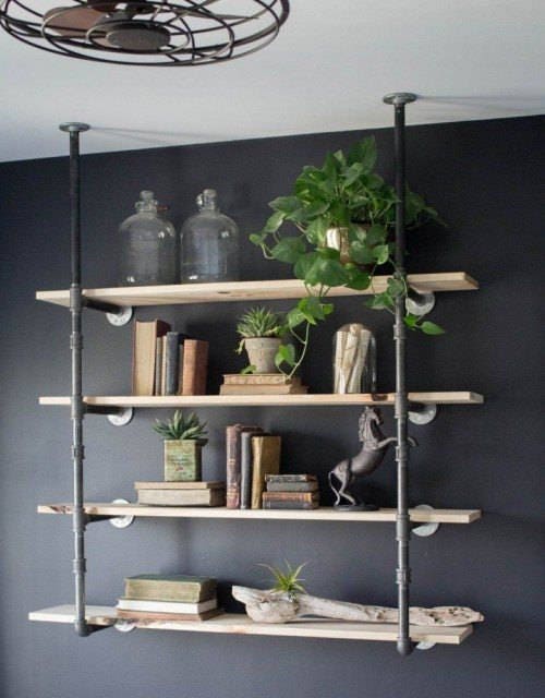 Black Pipe Shelving Unit, Wall/Ceiling Mounted Bookshelf, Parts Kit DIY