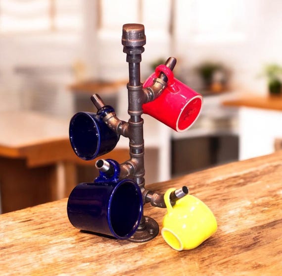 Industrial Pipe Coffee Mug Holder DIY Kit - Rustic Industrial Home Decor, Easy Assembly, Unique Kitchen Storage Gift