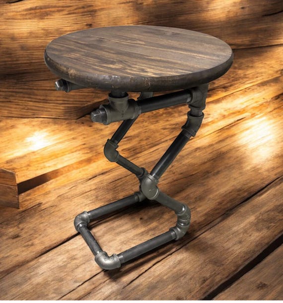 20" Tall Round Table or Bar Tool, Industrial Pipe, Dark Walnut Pine Edge Glued Top, With Iron Pipe Base, Unique Design from PDS