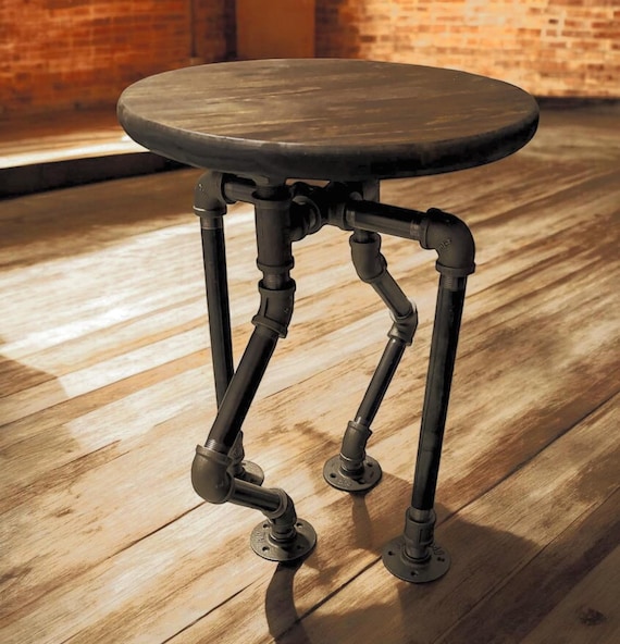 Industrial Pipe, 20" Tall Round Table, Dark Walnut Pine Edge Glued Top, With Iron Pipe Base, Unique Design from PDS