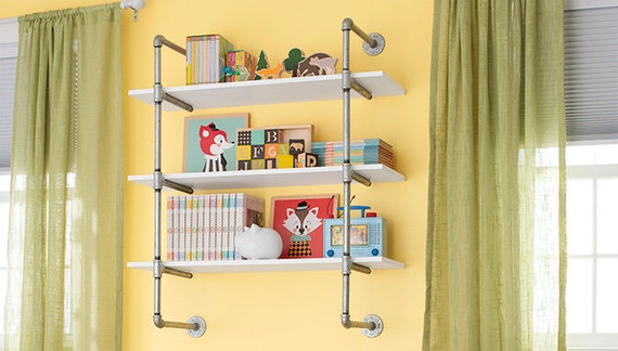 Open Bookshelf, Wall Mounted Bookshelf, Galvanized Pipe- Parts Kit for "DIY" Project, Easy to Assemble, 5 Shelves
