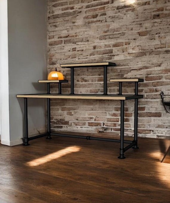 Industrial Pipe Desk Base "DIY" Parts Kit- 3/4” pipe x 68" long x 30" wide x 28" tall with Raised Shelving