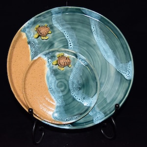 Sand and Sea Plates, Ocean Plates with Turtle, handmade unique plates