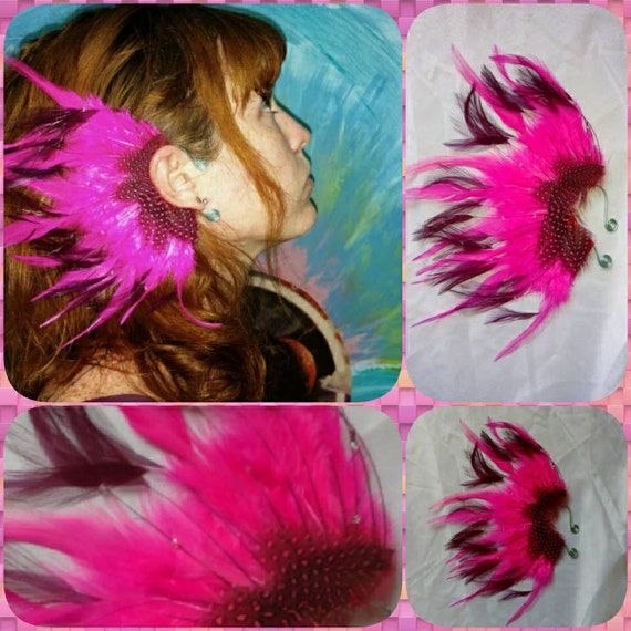 Right Ear. Handmade Pink and Maroon Feather Ear Cuff - Etsy display picture 3