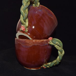 Red Rose Mugs, Pair, Handmade Unique Mug