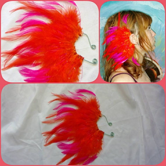 Vibrant Pink Feather Ear Cuff - neon, for the right ear Hot Pink Feather Ear Cuff – Dangle Ear Wrap with Pink Feathers main image 3