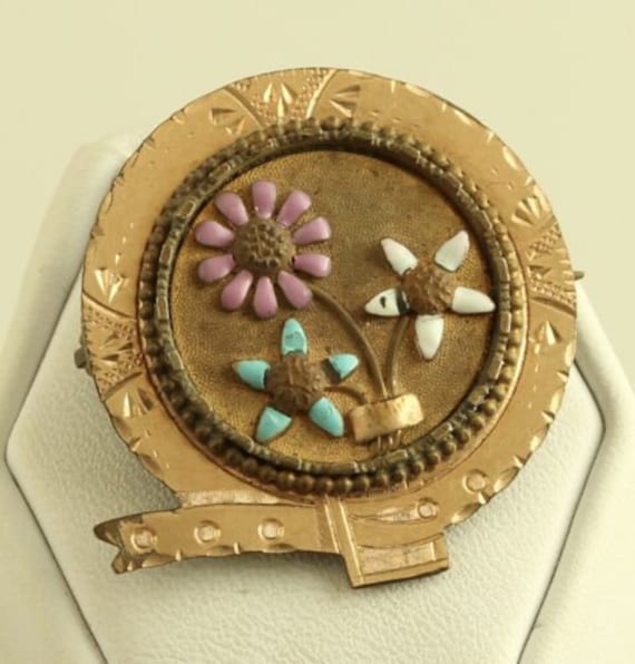 Antique Gold Filled Enamel Petal Flowers circle ro