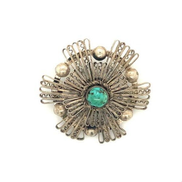 Antique Signed Sterling Made in Palestine Turquoise Stone Filigree Ornate Brooch