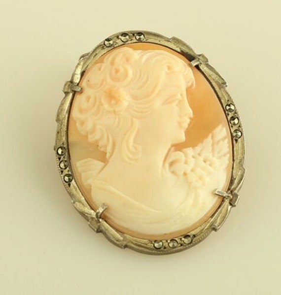 Antique 800 silver cameo maiden lady pink shell m… - image 3