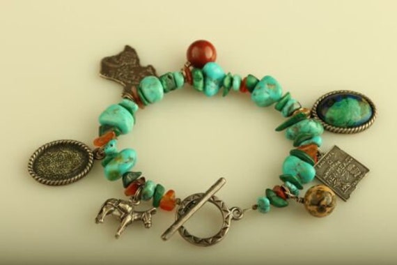 Vintage sterling silver multi beads turquoise car… - image 1