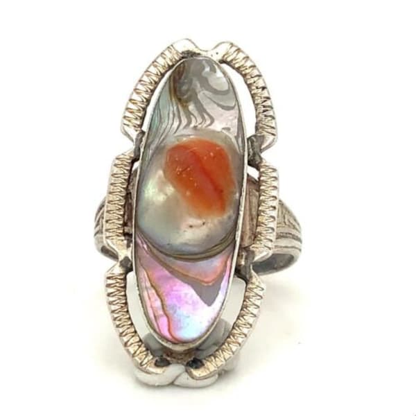 Antique Sterling Silver Handmade Large Oval Blister Abalone Shell Pinky Ring 4