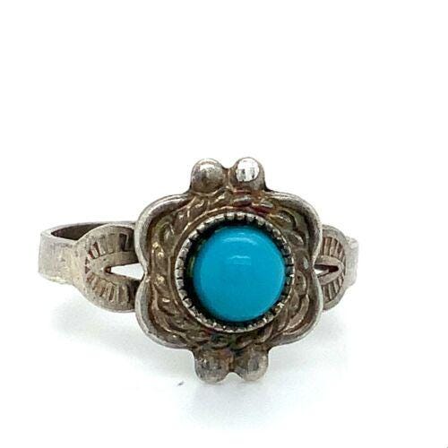 Vintage Sterling Signed Espo Native American Etched Turquoise Stone Ring Band 6