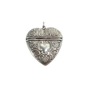 Sterling Silver Vintage Repousse Chatelaine Pill Holder Locket Box Heart Pendant