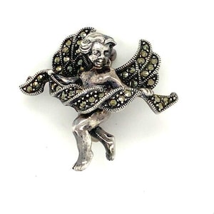 Vintage Sterling Signed Judith Jack Cupid Cherub Wing Angel Marcasite Brooch Pin