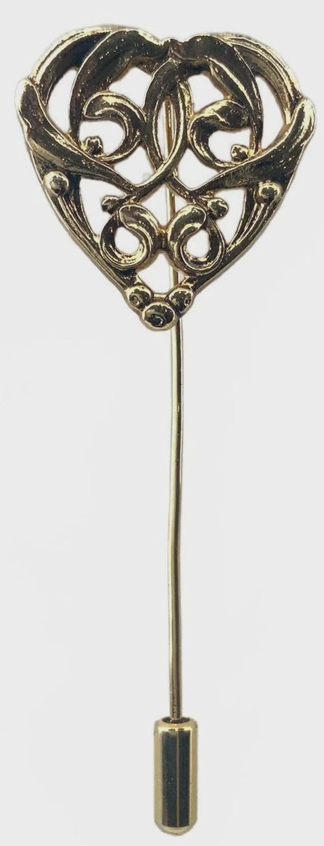 Vintage Gold Tone Filigree Openwork Heart Stick Pin Lapel Hat Accessory ...