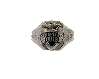 Antique Sterling Silver Black Enamel Logo School 1946 Class Signet Ring 8 1/4