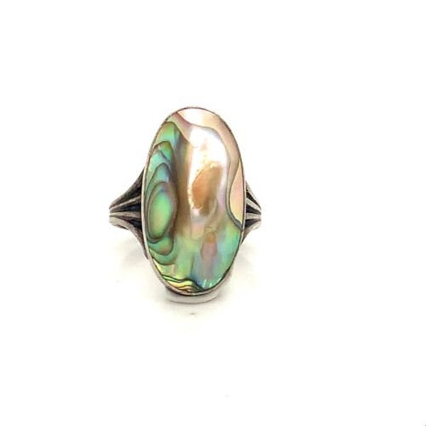 Antique Signed Sterling Handmade Cabochon Abalone Blister Pinky Ring Band 4 1/2