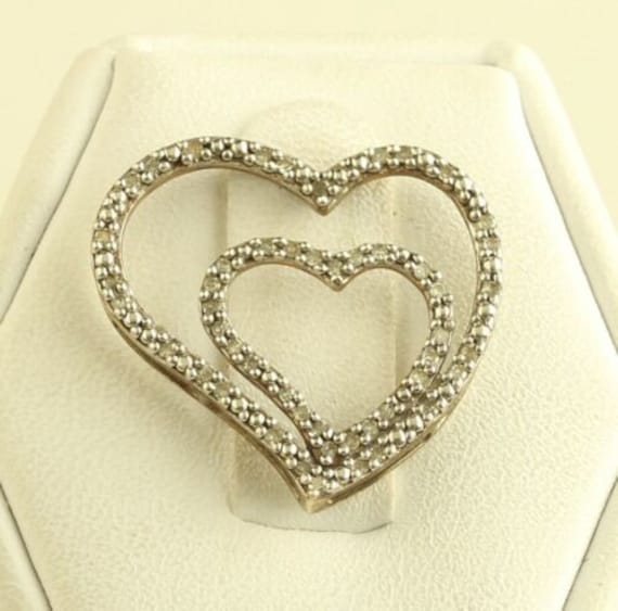 Vintage sterling 925 paved diamond double hearts … - image 1