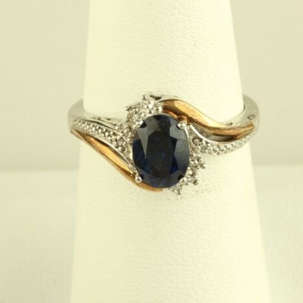 Sterling Silver 10k Gold Blue Sapphire and Diamond signed av Ring Size 7