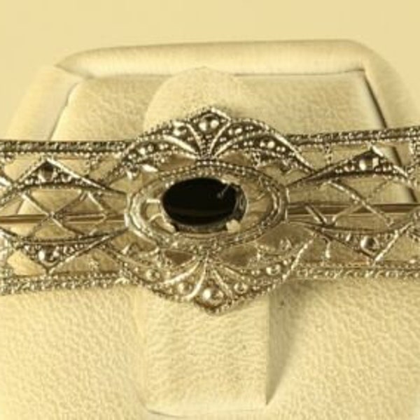 Antique Hallmarked Sterling Silver Victorian Art Deco Black Onyx Stone Brooch