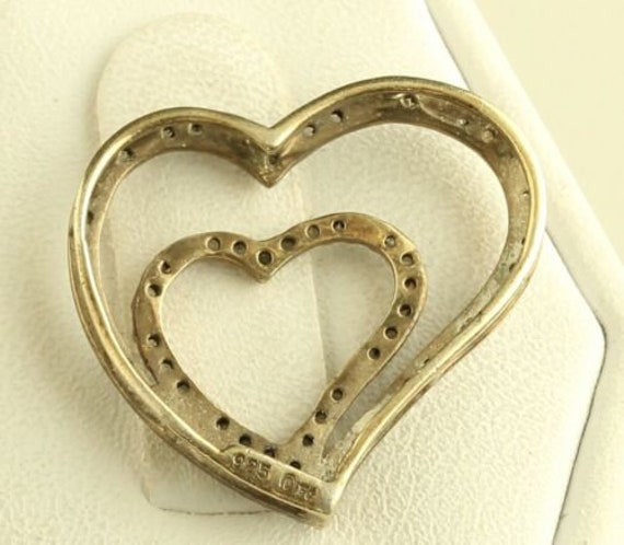Vintage sterling 925 paved diamond double hearts … - image 2