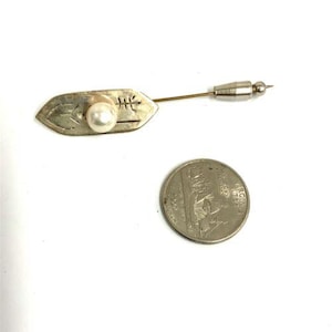Vintage Sign Sterling Tribal Symbols Cut Out with Pearl Lapel Hat Stick Tie Pin