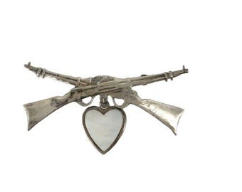 Military Signed Sterling Silver WWII Rifles Heart Sweetheart Love Pin Brooch
