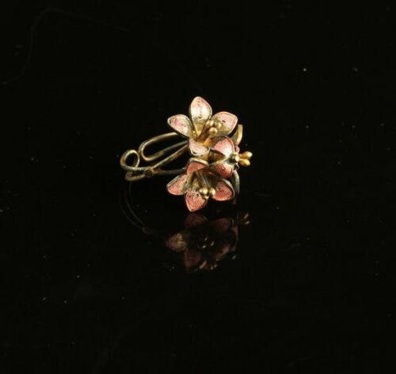 800 silver Three Enamel Pink Magnolia Flower Adju… - image 3