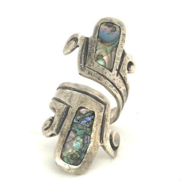 Vintage Sterling Signed 925 Hecho en Mexico JYG Inlay Abalone Bypass Ring 5 1/2