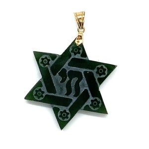 Vintage Signed SS Sterling Silver Carved Jade Jewish Star of David Chai Pendant