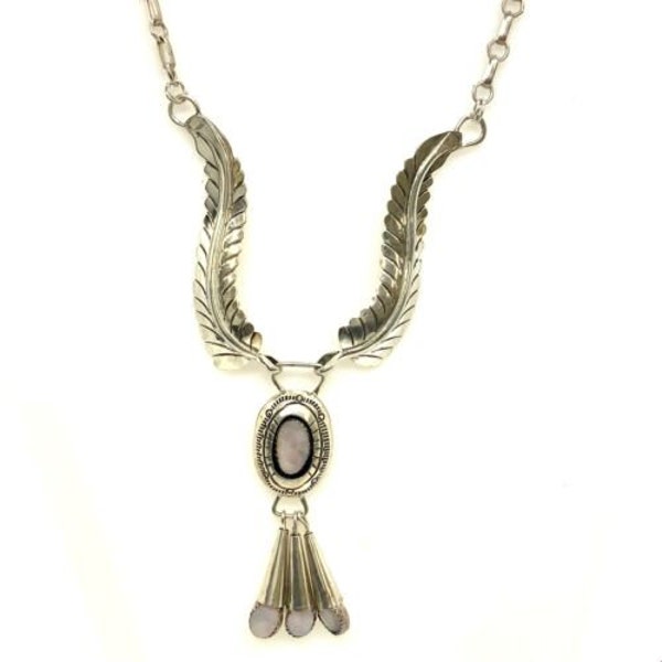 Vintage Sterling Silver Signed H. Spencer Navajo MOP Feather Pendant Necklace