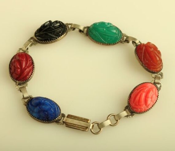 Vtg Sterling Scarab Bracelet Carved Floral Six Ov… - image 1