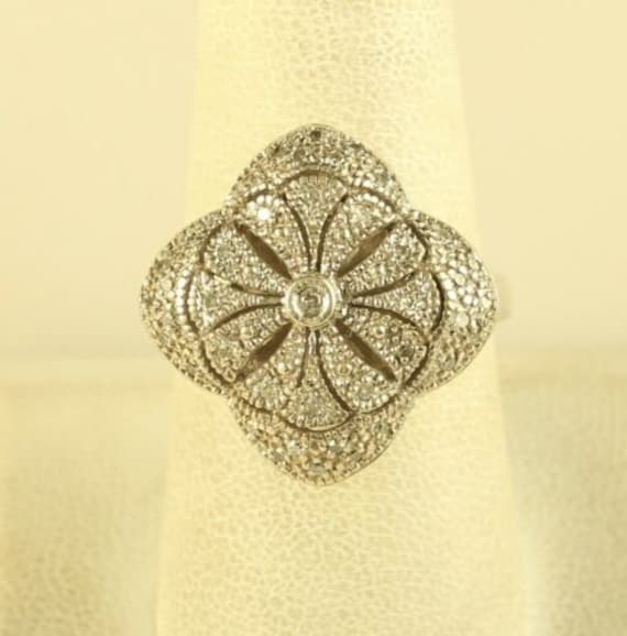 Vintage Sterling Silver Floral Puff Ornate Diamond