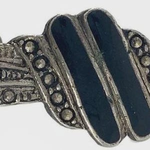 Vintage Marcasite Glass Art Deco Brooch Silver Tone Black Enamel Bar Pin 3in