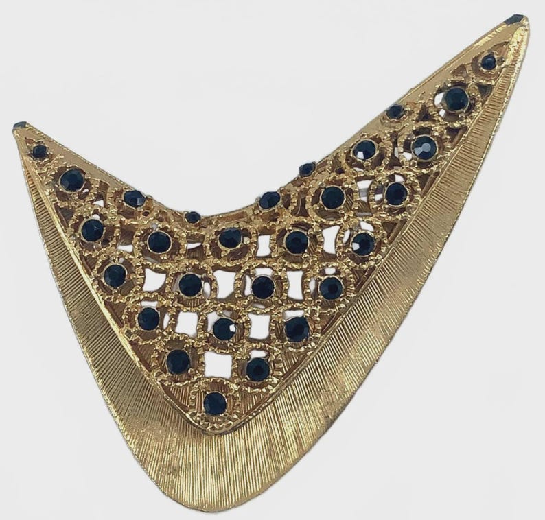 Vintage Gold Tone Mid Century Modern Chevron Brooch Black Rhinestone ...