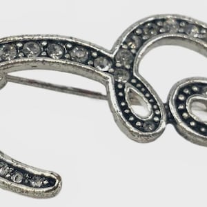 Vintage Silver Tone Rhinestone Script Initial E Brooch Small Cursive Pin Boho