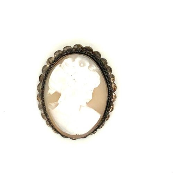 Antique Signed Sterling Victorian Carved Shell Lady Cameo Oval Brooch Pendant