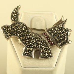 Vintage Judith Jack Sterling Silver Marcasite & Ruby Stone Scottie Dog Brooch