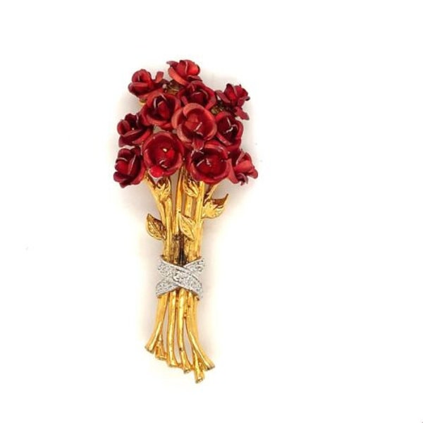 Vintage Signed Sterling Vermeil Red Enamel Rose Dozen Flower Bouquet Brooch Pin