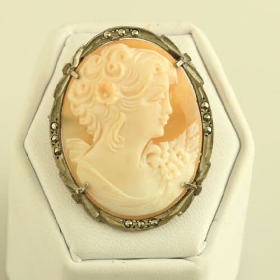 Antique 800 silver cameo maiden lady pink shell m… - image 1