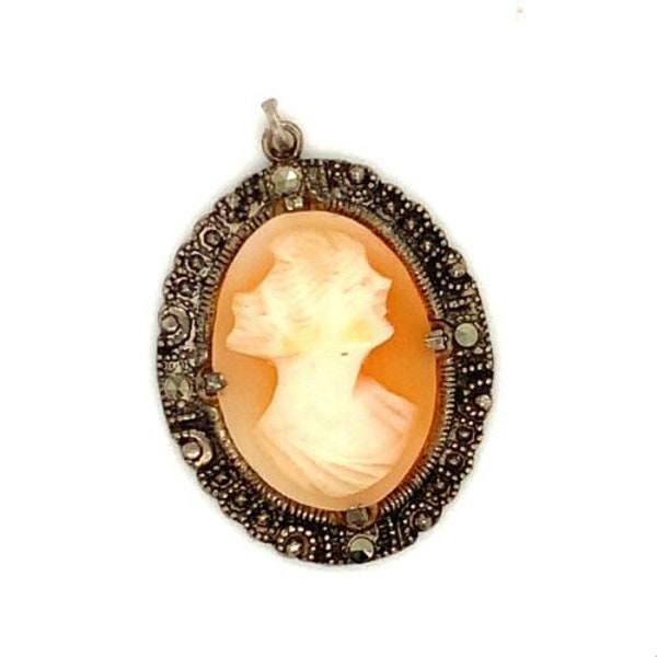 Antique Signed Sterling Victorian Shell Carved Cameo with Marcasite Pendant