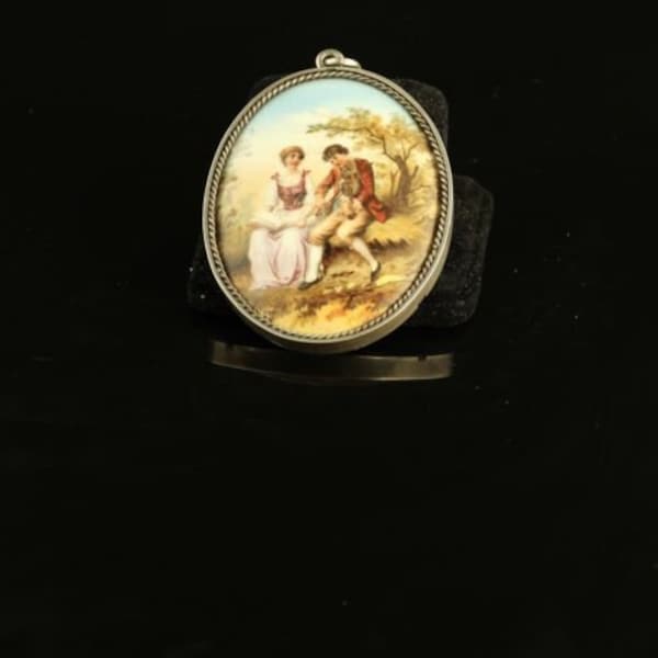 Antique Rare Sterling Silver Hand Painted Courting Couple Porcelain Pendant