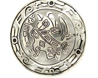 Vintage firmado plata de ley GC símbolo de pájaro tallado guerrero azteca broche redondo