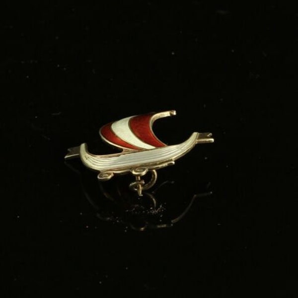 Vintage Aksel Holmsen, Norway Gilt Sterling Silver & Enamel Viking Ship Brooch