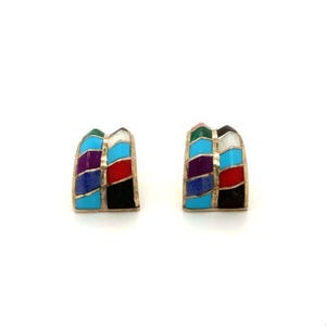 Vintage Sterling Silver Southwest Inlaid Multi Stone Half Hoop Pierced Earrings