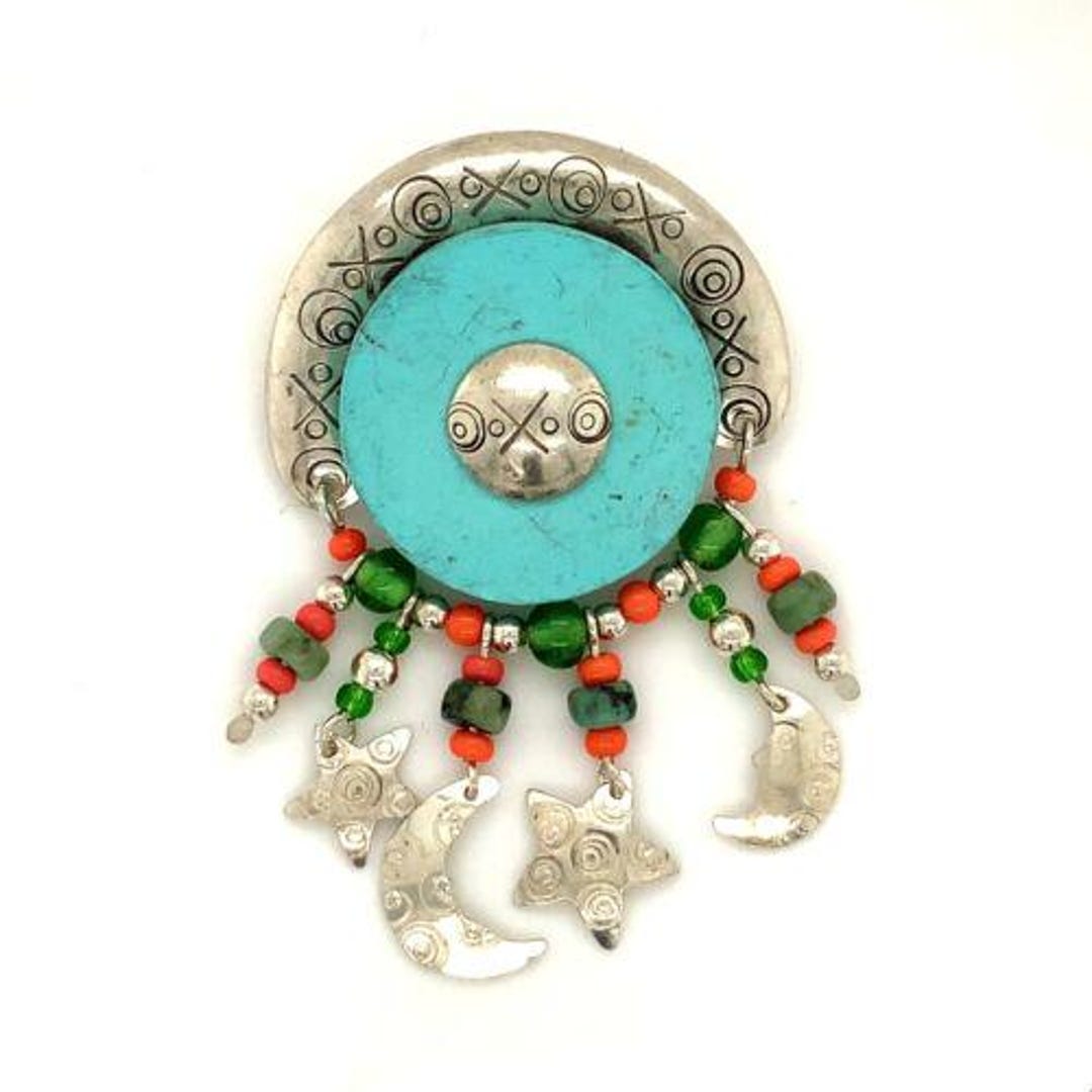 Broche Pendante Argentée Avec Pierre Turquoise – Bijou Vintage Occasion