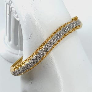 Vintage Gold Tone Filigree Rhinestone Hinged Bangle Bracelet Two Tone Wave Boho